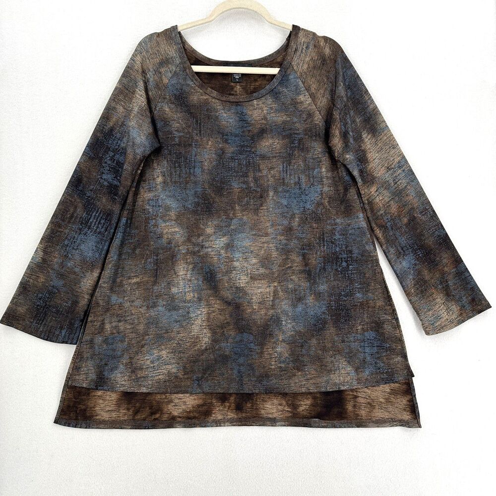 Karen Kane Metallic Tunic Top L Bronze Blue Abstract High Low Lagenlook Made USA